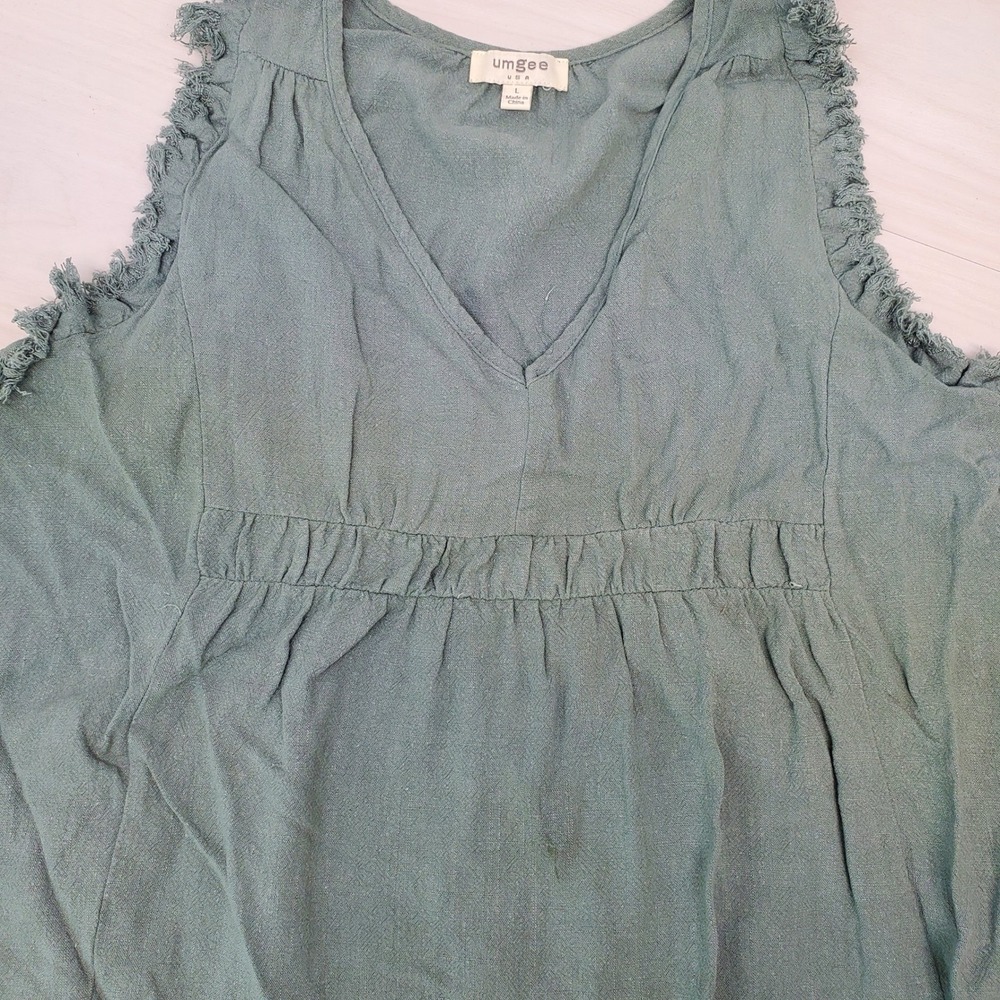 Umgee USA Sage Green Linen Blend Frayed Trim Ruffle Hem Babydoll Dress Large